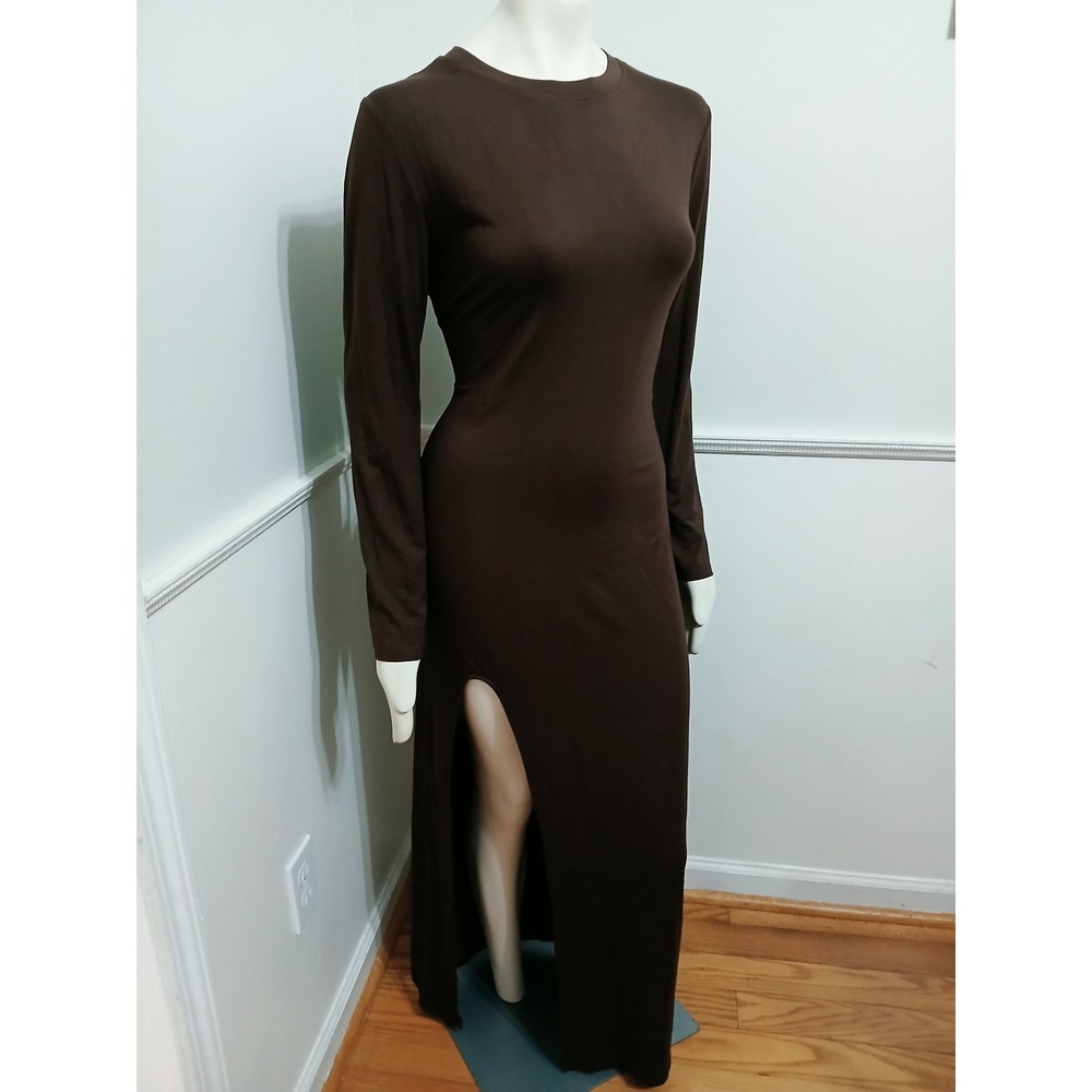 LYANER Womens Brown Long Sleeve Crew Neck Side Slit Bodycon Maxi Dress XL NEW